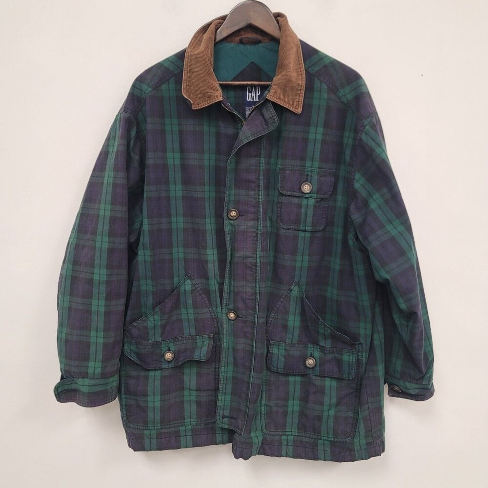 Vintage Gap Mens Plaid Full Zip Barn Coat Size M Green Country Chore Ranch Rare